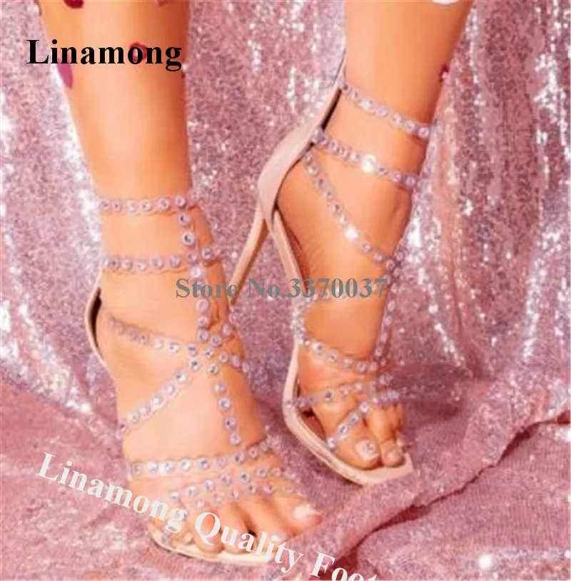 

Linamong Luxurious Bling Bling Rhinestones Stiletto Heel Gladiator Sandals PVC Patchwork Crystals High Heel Sandals Wedding Heel