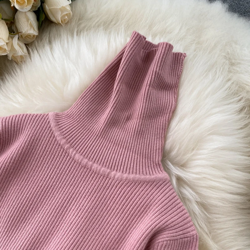 Sweter 2023 zimowy golf ciepły długi rękaw sukienka dzianinowa koreańska moda casualowa jednolita damska obcisła sukienka Midi — zdjęcie 7