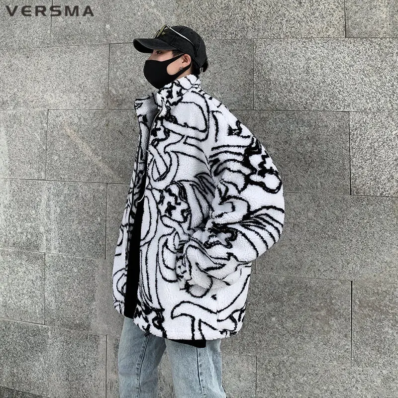 VERSMA Japanese Chic Graffiti Print Lamb Wool Jacket Coat Men Women Thick Oversized Stand Collar Unisex Parkas Male Dropshipping