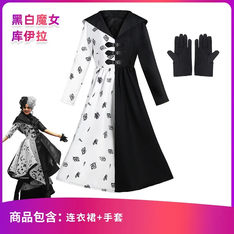 Movie Evil Madame Cruella De Vil Cosplay Costume Adult Women Gown Black White Maid Dress Gloves Hoodie Skirt Halloween Party Cos