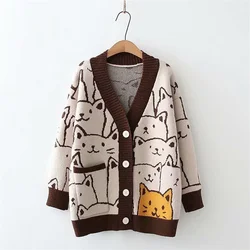 Harajuku Kawaii Cartoon V Neck Cardigan Women Cute Cat Vintage Knitted Sweater Female Retro Fashion Long Sleeve Knitwear Coat