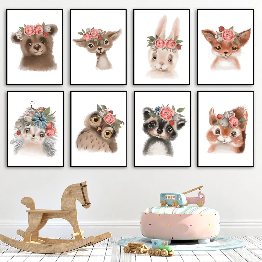 Deer Raccoon Fox Rabbit Bear Owl Nursery Wall Art Canvas Painting Nordic Posters And Prints Wall Pictures Baby Kids Room Decor