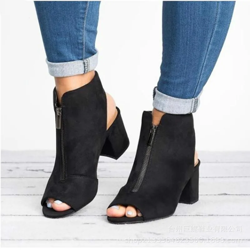 Fashion Ankle Boots Faux Suede Size 36-42 Leather Casual Open Peep Toe High Heels Zipper Square Rubber Black Women Shoes 2019