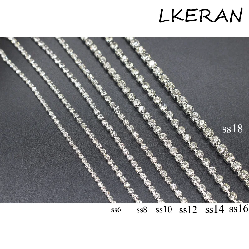 LKERAN 5Meter/lot 7 Sizes Clear Sew on Crystal Rhinestone Chain Silver Base Dense Claw Glass Rhinestone Trim DIY Accessories