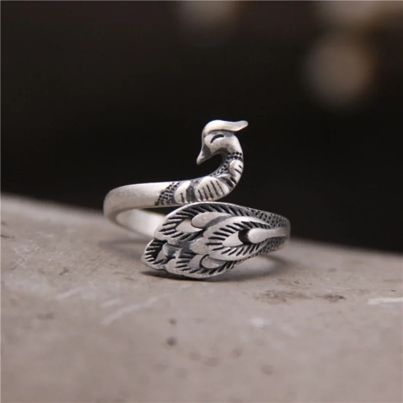 

Fine 999 Sterling Silver Ring Band 18.8mm Phoenix Figure Ring Size Adjustable (US5-8)