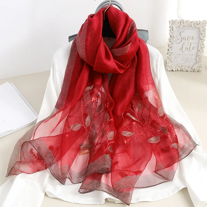 

Summer Light Thin silk wool Scarf Female Long Shawl Women Sunscreen bandana Floral Embroidery 2022 Girl Cute scarves soft stoles