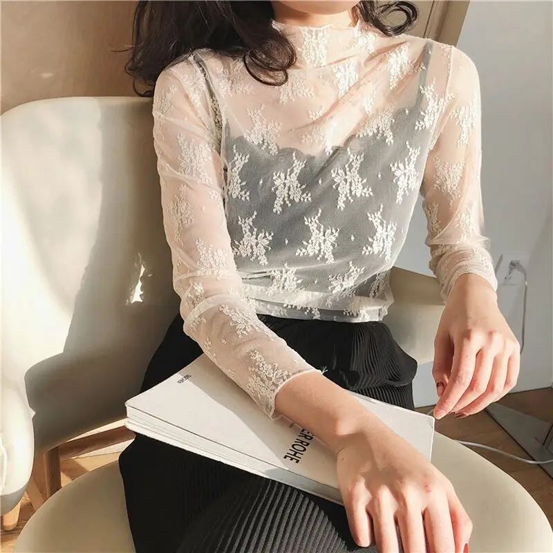 OUMEA Women Floral Lace Sheer Top Summer Long Sleeve Beach Top Sexy Transparent Beach Cover Up Sweet Japan Style Going Out Tops