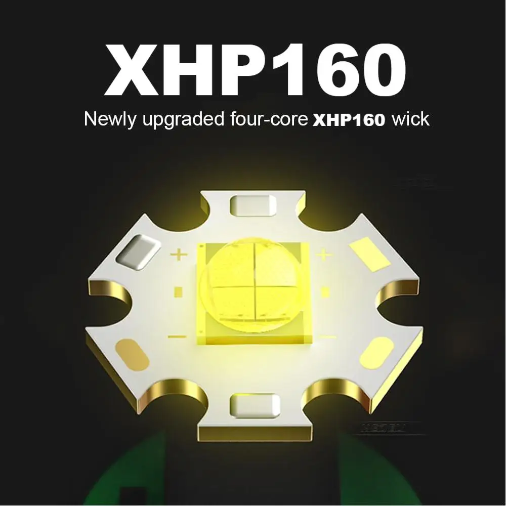 O mais poderoso xhp160 led farol chegam novas cabeça zoomable lâmpada banco de potência 7800mah 18650 bateria para acampamento luz