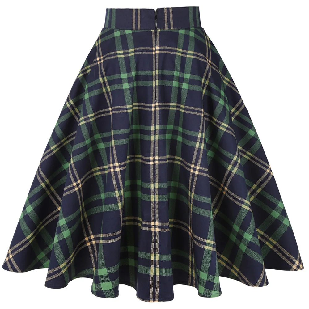 Plaid Print Casual Short Tunic Midi Skirt 2024 High Waist Blue Green Striped Women Skater Checkered 50s 60s Vintage Skirt Faldas