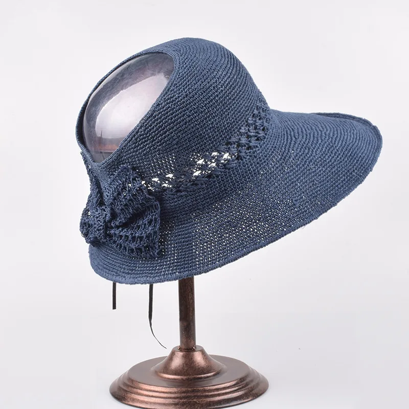 

Straw Sun Hat Women Summer Raffia Crochet Empty Top Sunscreen Cap Outdoor Travel Sunshade Sun Protection Bowknot Cool Caps H7388