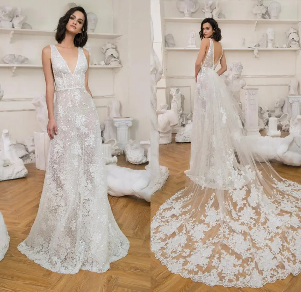 

2020 Wedding Dresses V Neck Sleeveless Appliques Lace Bridal Gowns Custom Made Backless Detachable Train Mermaid Wedding Dress