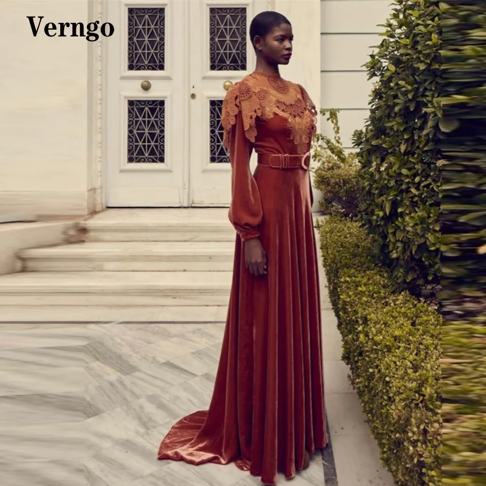 

Verngo Applique Velvet Evening Dress A Line Long Sleeves Party Gowns Lace Women Formal Dress Outfits