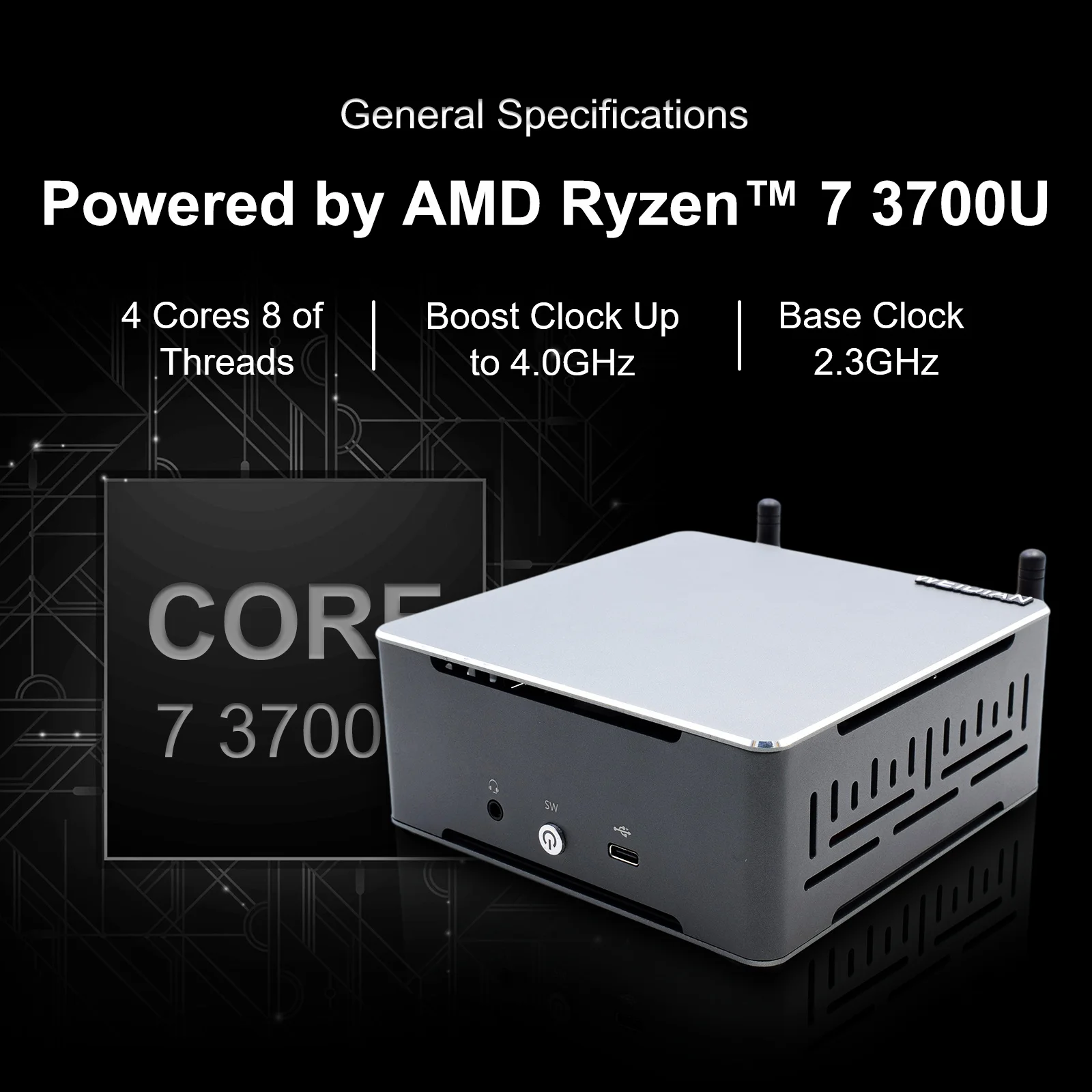 Hystou – Mini PC de jeu AMD Ryzen 7 3700u, ordinateur de bureau, Radeon RX Vega 10, graphique PCWin11, HDMI, DP, type-c, NVME, SSD, bluetooth, WiFi