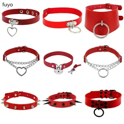 Fashion Round Chocker Sexy Heart Lock Key Rivets Red Goth Punk Chokers Gothic Choker Necklace for Women Hip Hop Bondage Cosplay