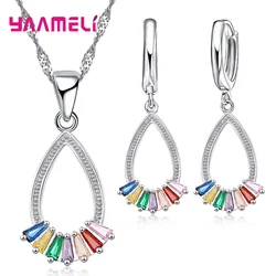 Elegant 925 Sterling Silver Women Jewelry Sets Multicolored AAA Zircon Classic Water Drop Pendant Necklace Hoop Earrings Gift