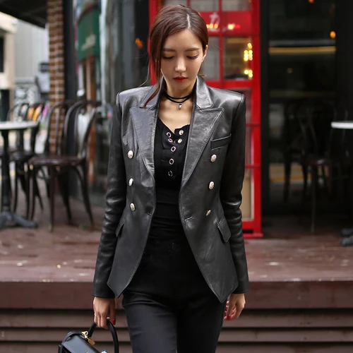 2020 New Fashion Women Spring  Autumn Black Faux Leather Jackets Buttons Basic Coat Turn-down Collar Biker Jacket  C9D206M