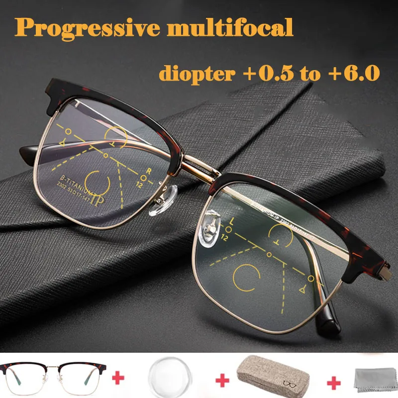 

Retro Titanium Frame Multifocal Reading Glasses Men Far Near Presbyopic Glasses Square Eyebrow High Quality Diopter