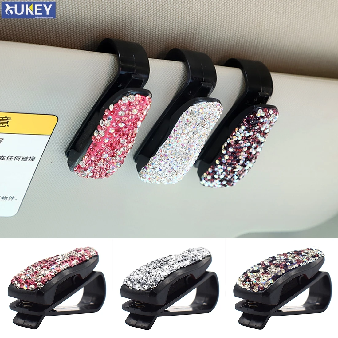 Car Accessories Diamond Woman Glasses Case Sun Visor Glasses Glasses Holder Ticket Document Pink Auto Clip Handmade Products