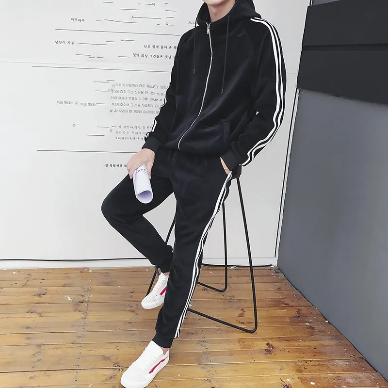 Fashion Sets Mens Autumn Winter Hooded Casual Sportswear Sweatpants New Running Pants Korean Style Vintage Male Two-Piece Suit