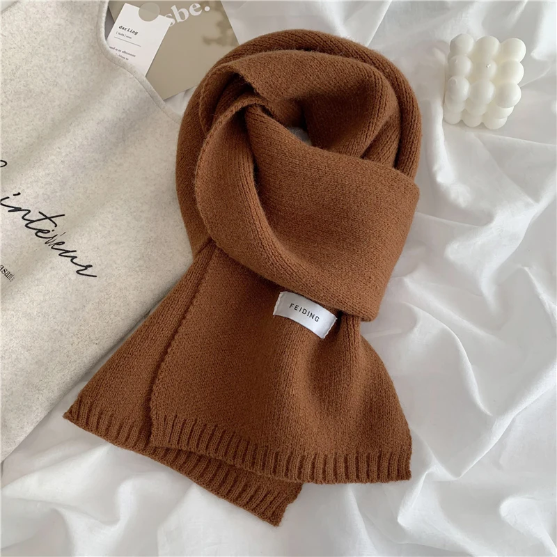 Luna&Dolphin Women Autumn Winter Solid Color Scarf Slim Neckerchief Soft Brown White Warm Knitted Woolen Ins Neck Pashmina Shawl