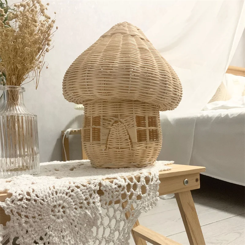 Vintage Handmade Rattan Weaven Mushroom House Kids Room Decoration Nordic Children Bedroom Kindergarte Light Ornament Basket