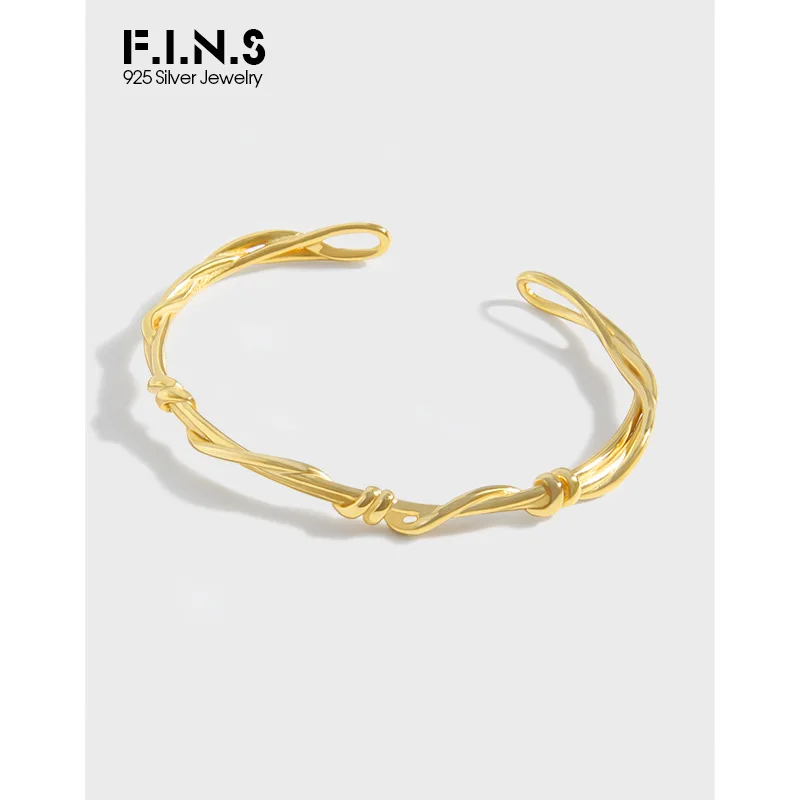 

F.I.N.S Minimalist S925 Sterling Silver Gold Bangle Geometric Vine Woven Bracelet Bangle Open Adjustable Twist Hand Fine Jewelry