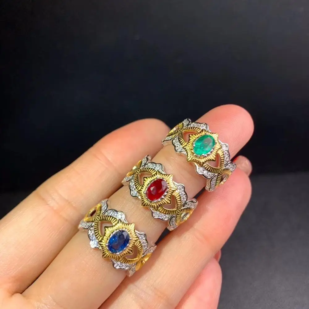 

Super beautiful natural ruby ring. sapphire emerald ring Gold plating, including certificates. Ms. 925 Sterling Silver