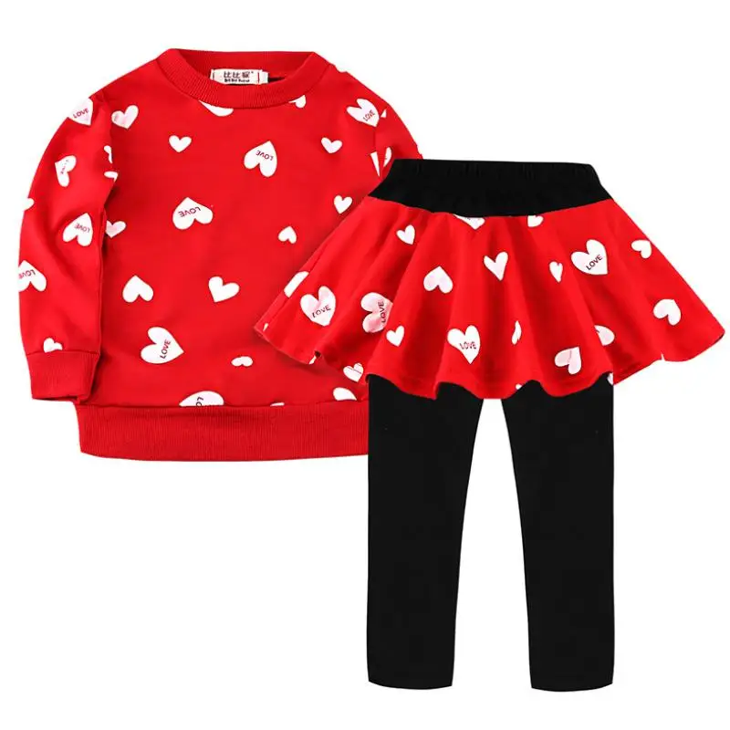 2024 new Baby Girl Clothing Set Heart-shaped Print Bow Cute 2PCS  Set Children Cloth Suit Top Tshirt + Pants High quality 2-7Y