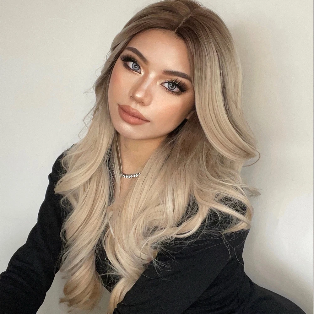 TINY LANA Synthetic Long Wavy Wig Ombre Brown Platinum Blonde Middle Part Wigs for Women Body Wave Heat Resistant Natural Hair