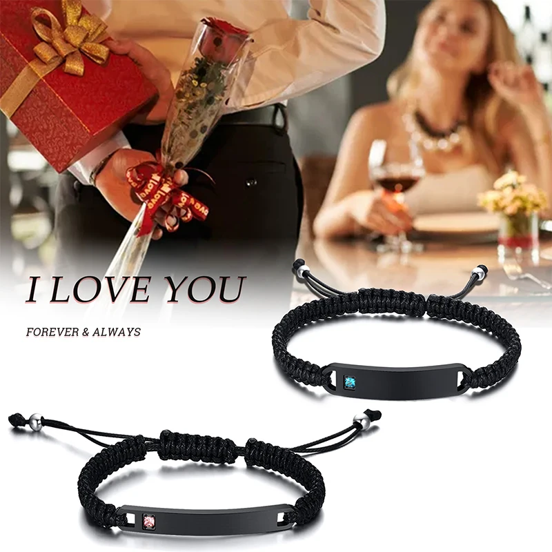 Vnox Personalized Handmade Braided Bracelets for Couples Stainless Steel Bar AAA CZ Stone Women Men Birthday Anniversary Gift