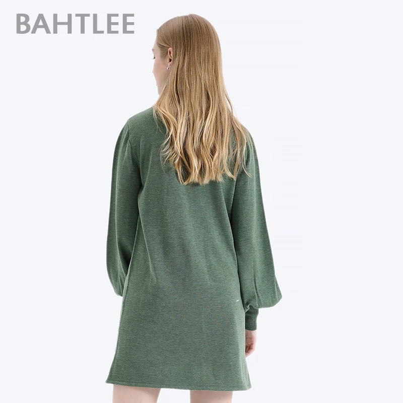 BAHTLEE-Women's Wool Turtleneck Sweater, Knitted Long Style Jumper, Ruched Puff Sleeves, Loose Preppy Style, Winter