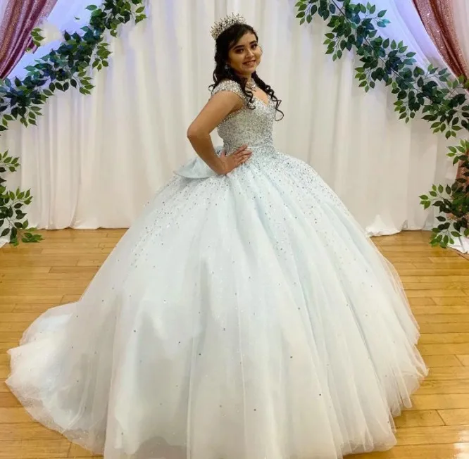 Vestido de baile azul de quinceañera para niñas, 15 y 16 años, con lazo en la espalda, talla grande, hecho a medida, 2021