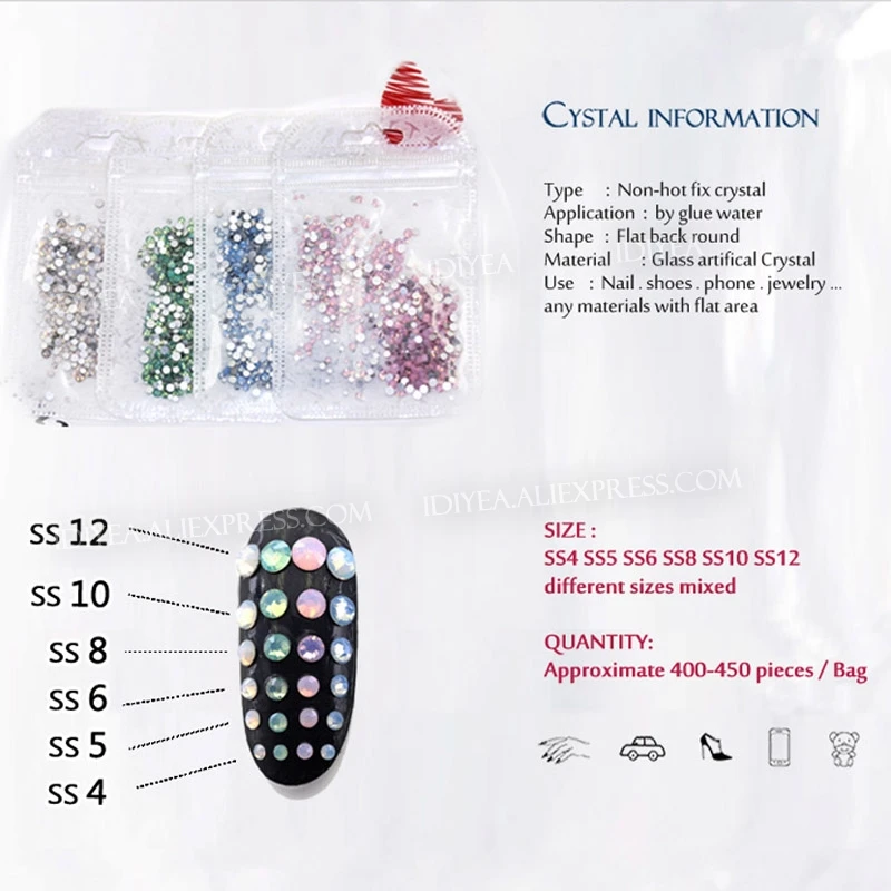 Mix Opal Colors all sizes SS3-SS30 Nail Art Rhinestones for DIY 3D manicure Non hot fix crystals glitters strass stones on nails