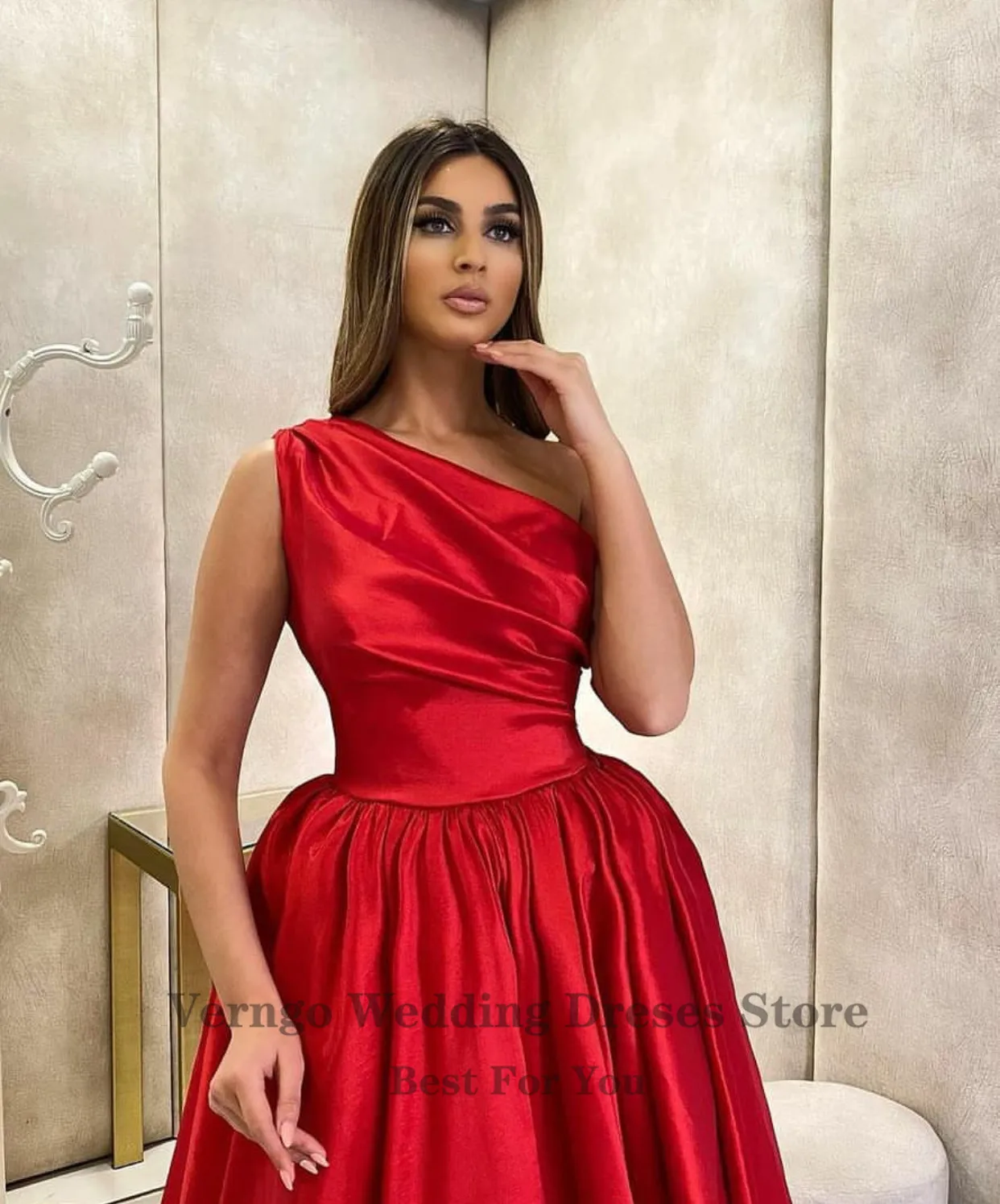 Verngo – robe de soirée en Satin Simple, ligne A, asymétrique épaule dénudée, plissée, longueur thé, robes de bal, arabie saoudite, grande taille, 2021