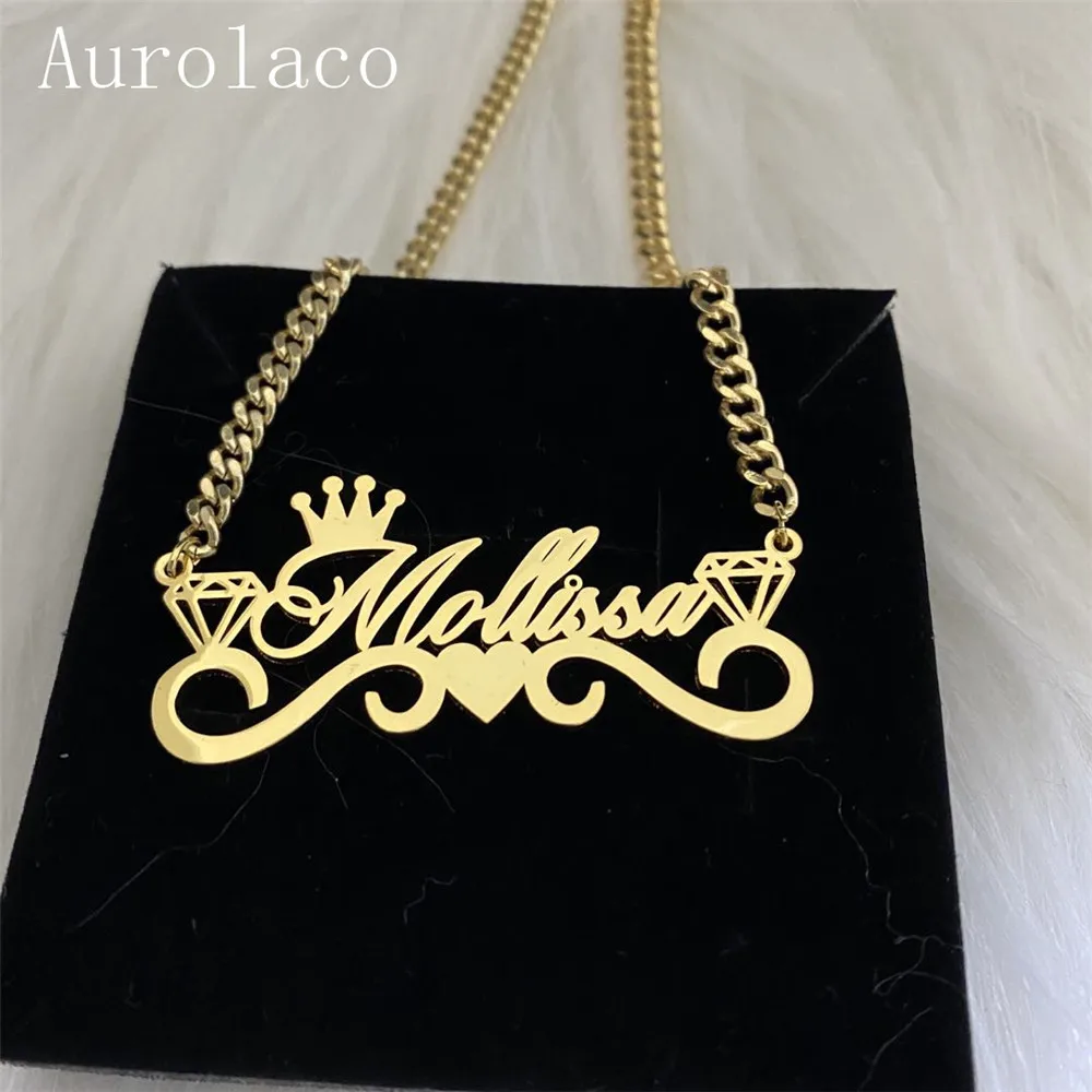 AurolaCo Custom Name Necklace with Crown Personalized Cuban Chain Necklace Stainless Steel Nameplate Necklace for Women Gift