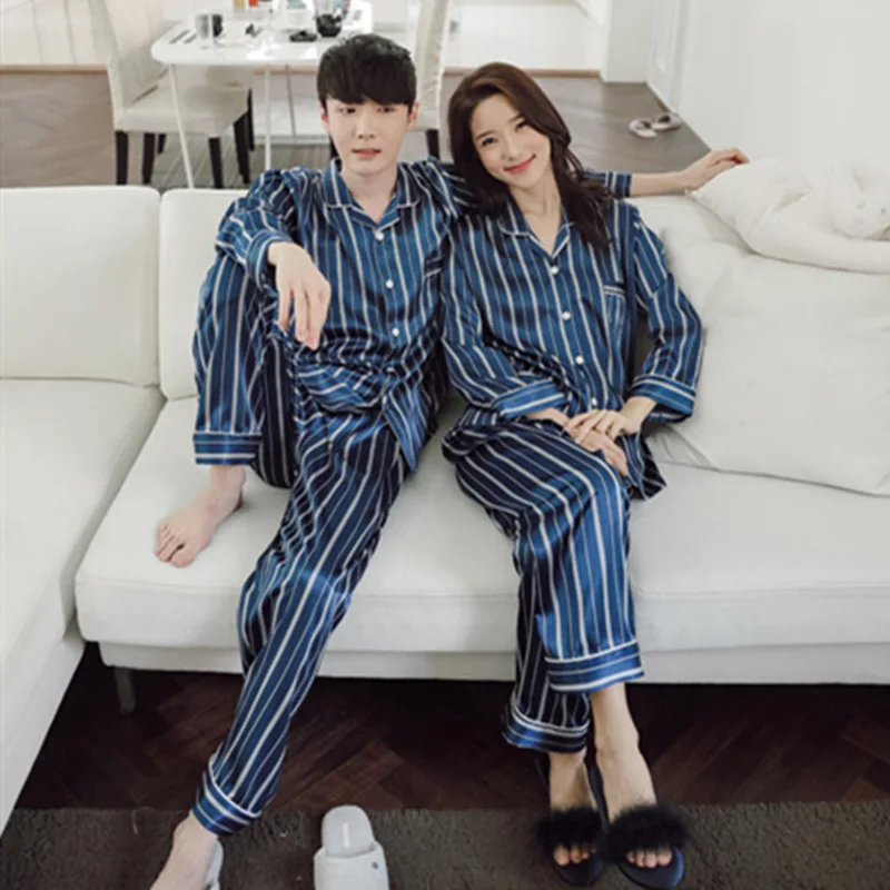 2021 Korean Couple Men's And Women's Imitation Silk New Fashion Stripe Slim Long Sleeve Home Suit