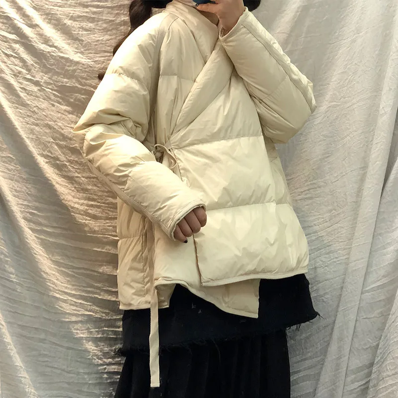 Winter Women Down Coat Warm Vintage Short White Duck Down Jacket Fashion Solid Color Loose Thicken Outerwear Female Streetwear