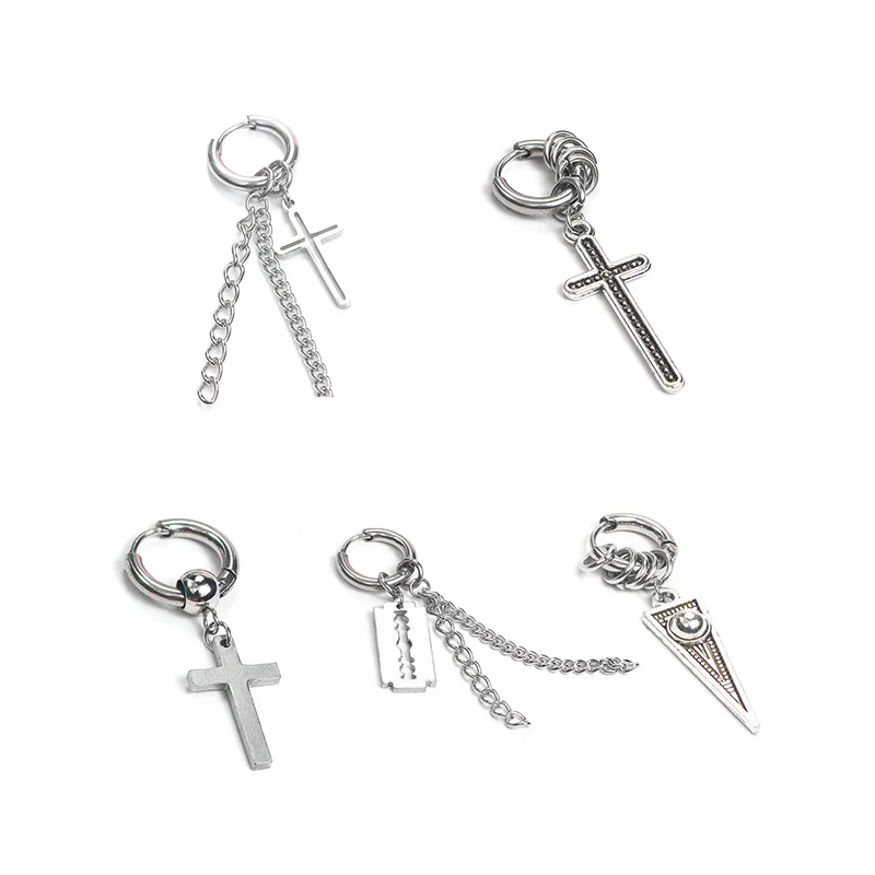 1 Piece Punk Men Women Cross Blade Chain Pendant Earrings Stainless Steel ear buckle Tassel Drop Earrings fashion Jewelry