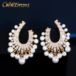 CWWZircons 585 Gold Color Big Dangling Drop Pearl Cubic Zirconia Earrings for Women Fashion Engagement Party Jewelry Gift CZ693