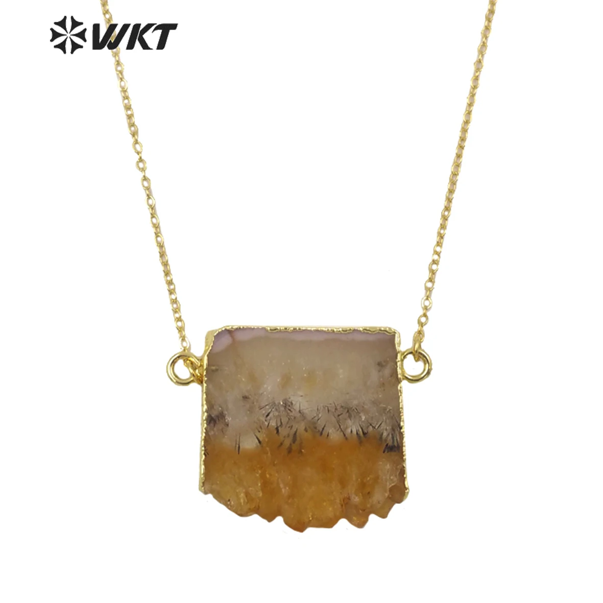 WKT Exclusive ! Natural slice Stone quartz double loops necklace amazing crystal necklace With Brass Gold Eletroplated