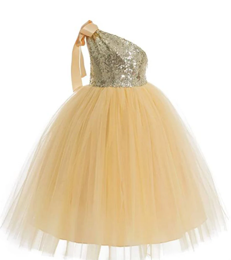 Robe de mariée à paillettes pour fille, Tutu, Simple, asymétrique, épaule dénudée, motif floral, Champagne, 2020