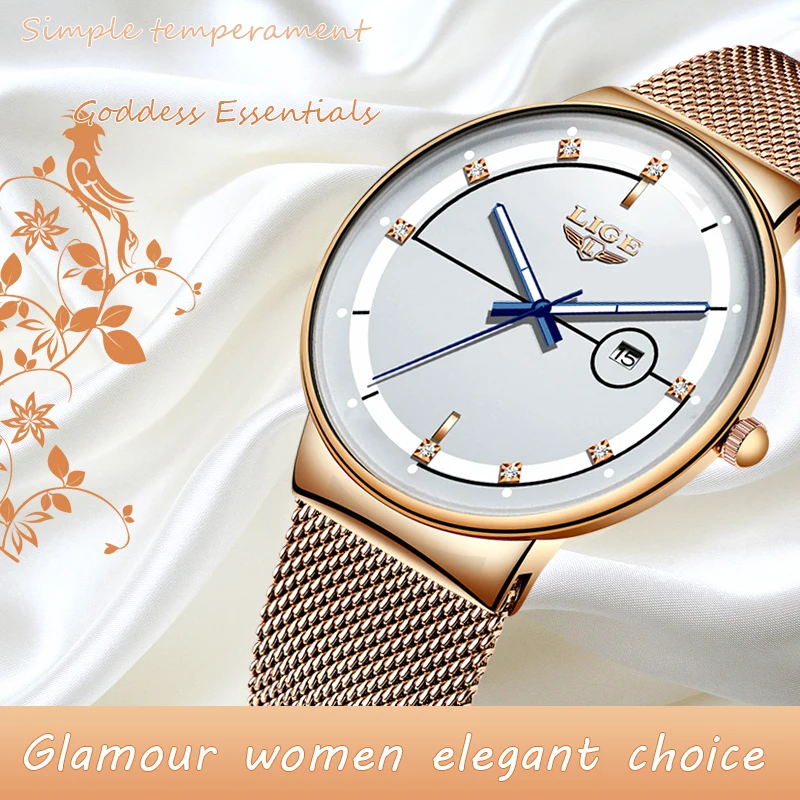 Women Watches LIGE Top Brand Luxury Ladies Mesh Belt Ultra-thin Watch Stainless Steel Waterproof Clock Quartz Watch Reloj Mujer