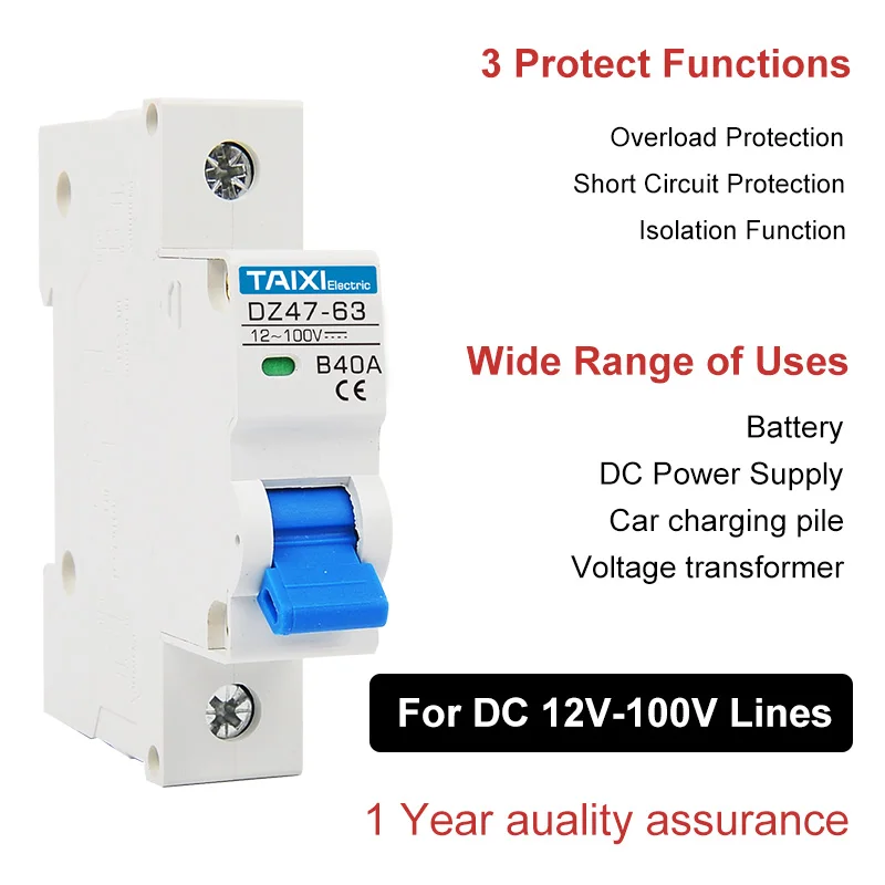 DC 12V 24V 48V 54V 72V 100V MCB 1P 2Poles Circuit Breaker Electric Car 6A 20A 40A 63A Battery Protector DIN Rail Switch