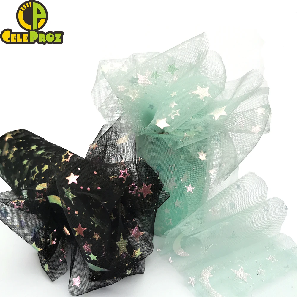 6cm 8cm 10cm 12cm Iridescent Star Moon Tulle Roll 10Yards Mesh Ribbon DIY Tutu Pom Bow Soft Squine Illusory Sewing Tape  Supply