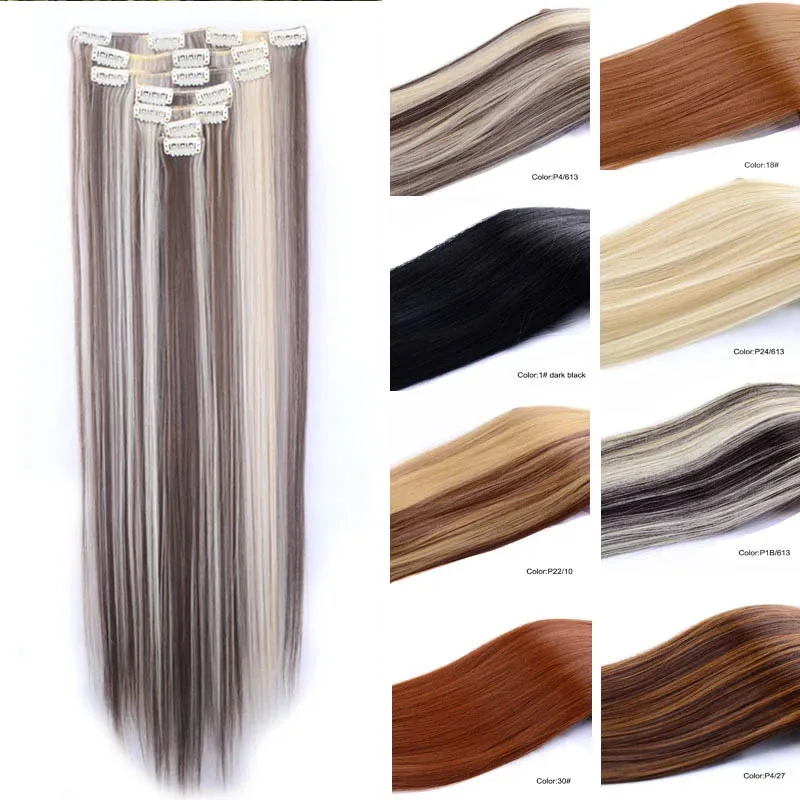 Jeedou Synthetic Hairpiece 7pcs/set Long Straight Clip in Hair Extensions For Full Head Black Light Brown Color