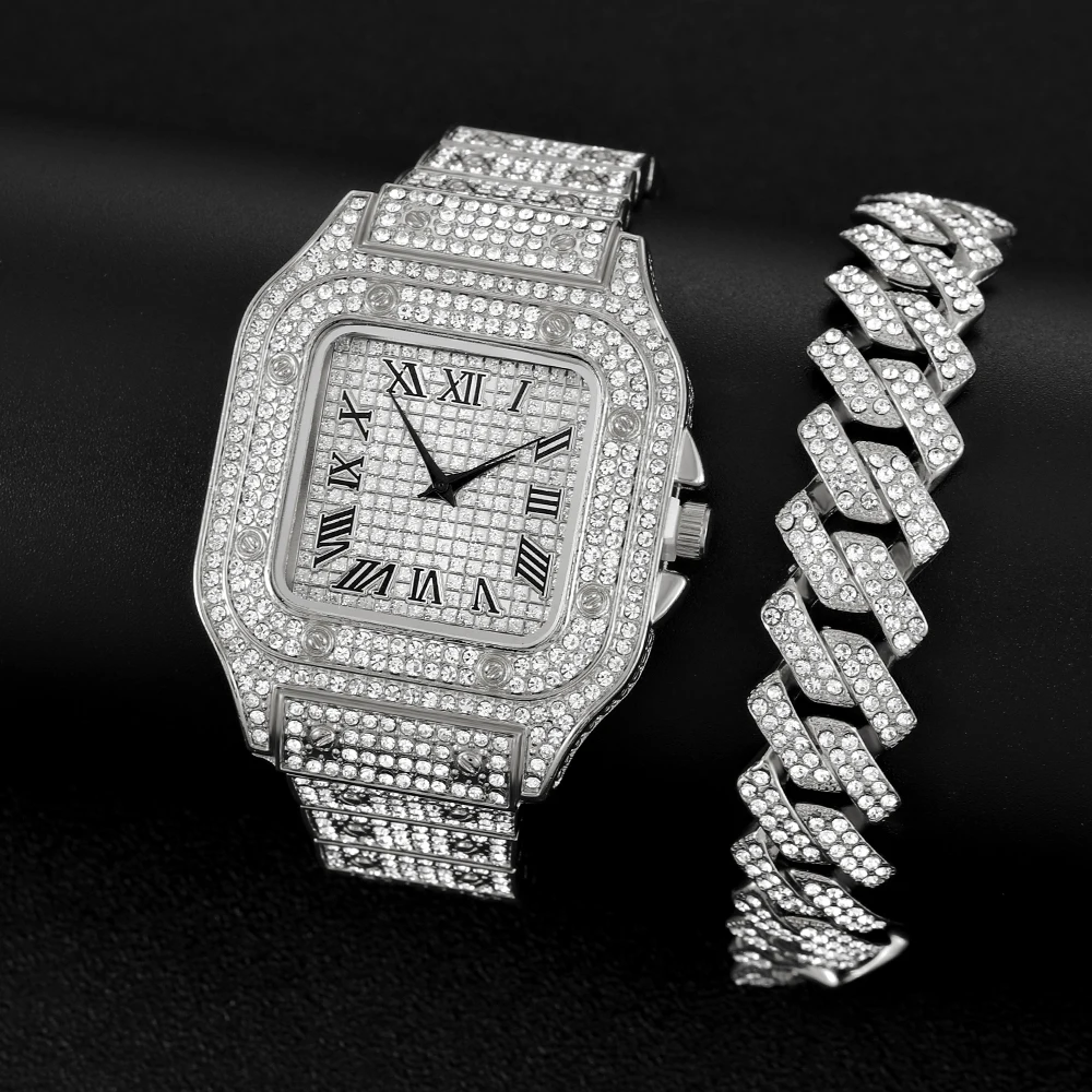 Watch+Bracelet Hip Hop Miami Curb Cuban Chain Gold Iced Out Paved Rhinestones CZ Bling Rapper For Men Jewelry