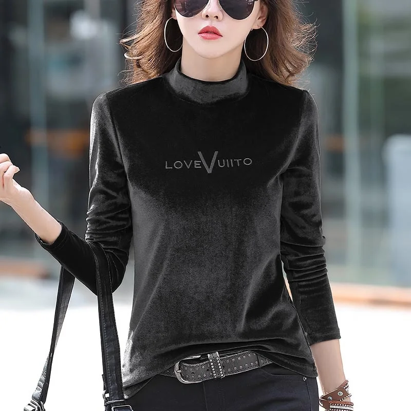 #0320 Winter Long Sleeve T Shirt Women Pleuche Half High Collar Women\'s T-shirt Embroidery Letters Warm Casual Tee Shirt Femme