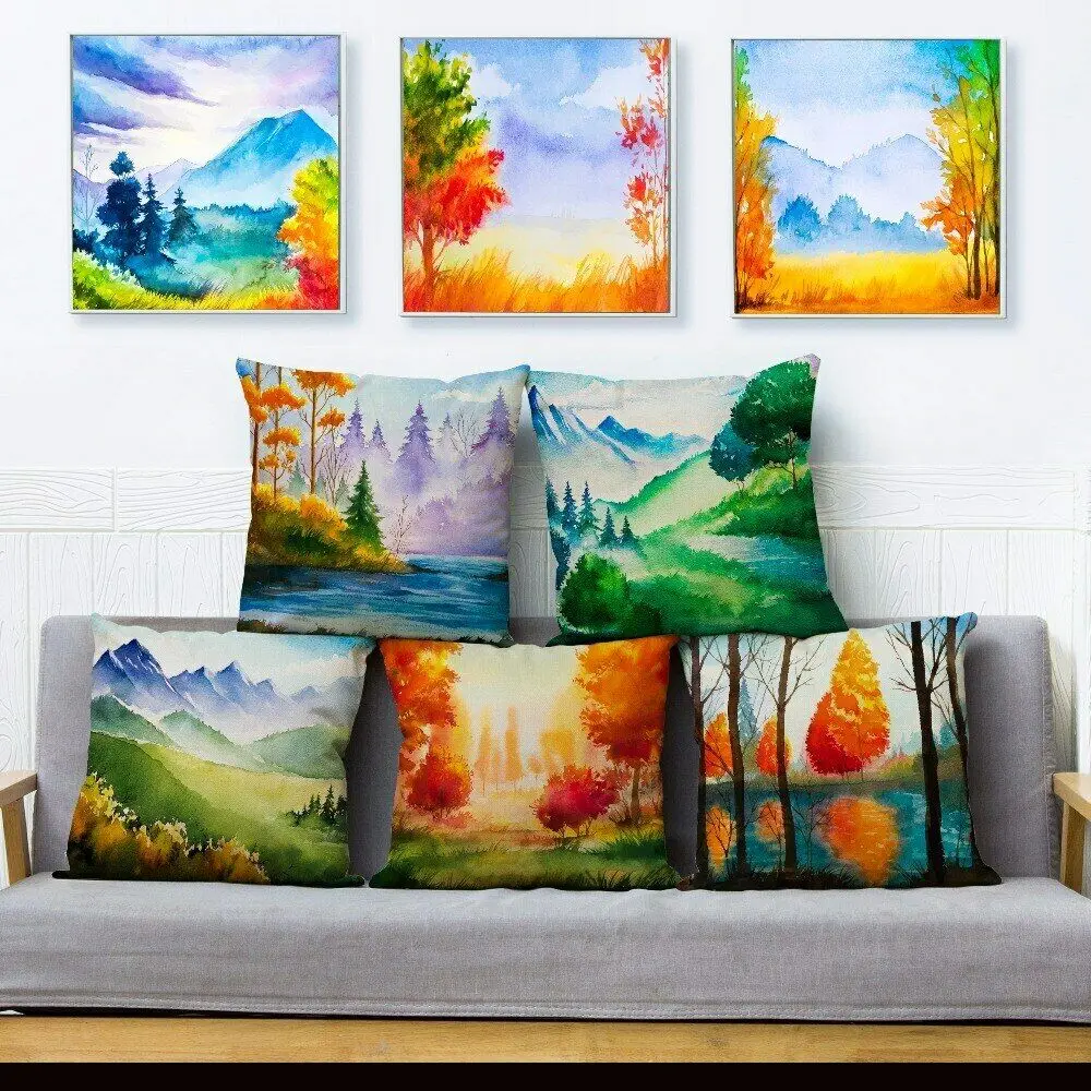 Watercolor Landscape Scenic Print Pillow Cushion Cover Linen Throw Pillows