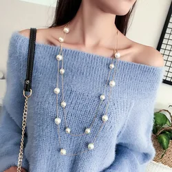 2020 New Long double layer Simulated Pearl Necklace Women Sweater Chain Necklace female Collares Statement Jewlery Wholesale