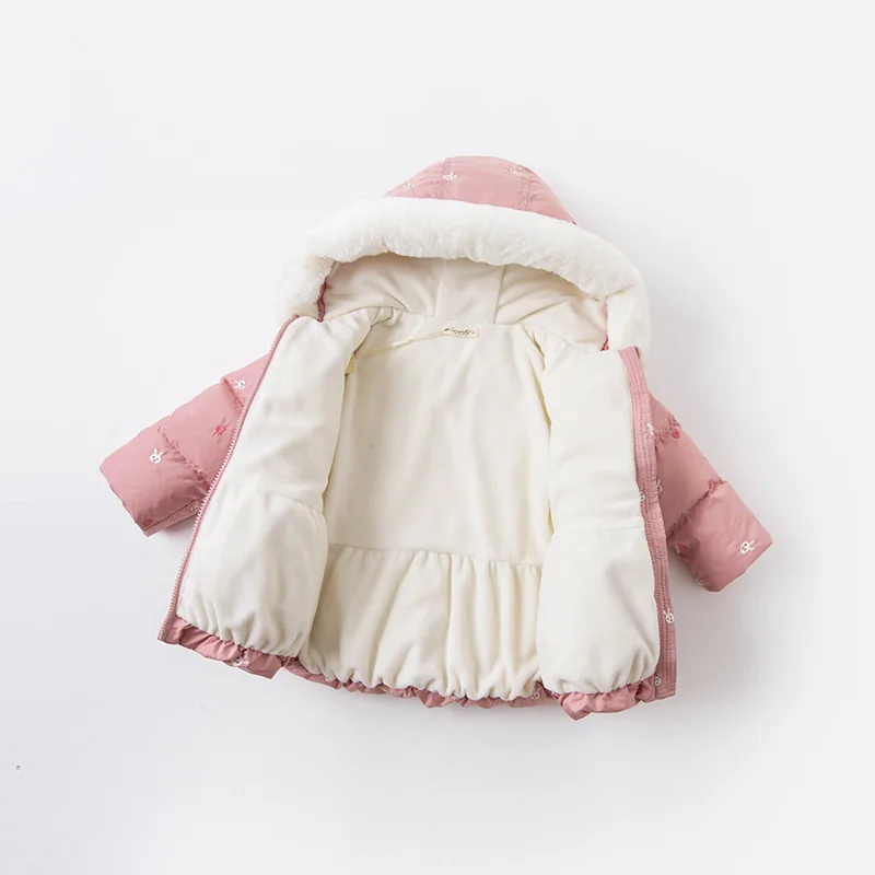 DBM15984 dave bella winter baby girls fashion cartoon fur hooded down coat children 90% white duck down padded kids jacket